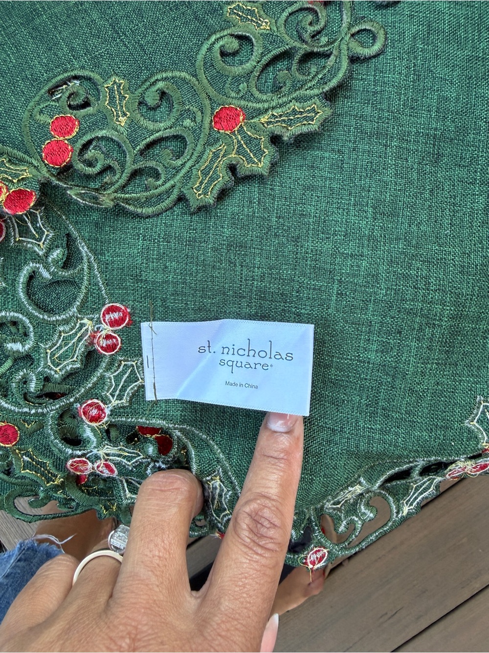 St. Nicholas Square Green Dress with Red Embroidered Holly
